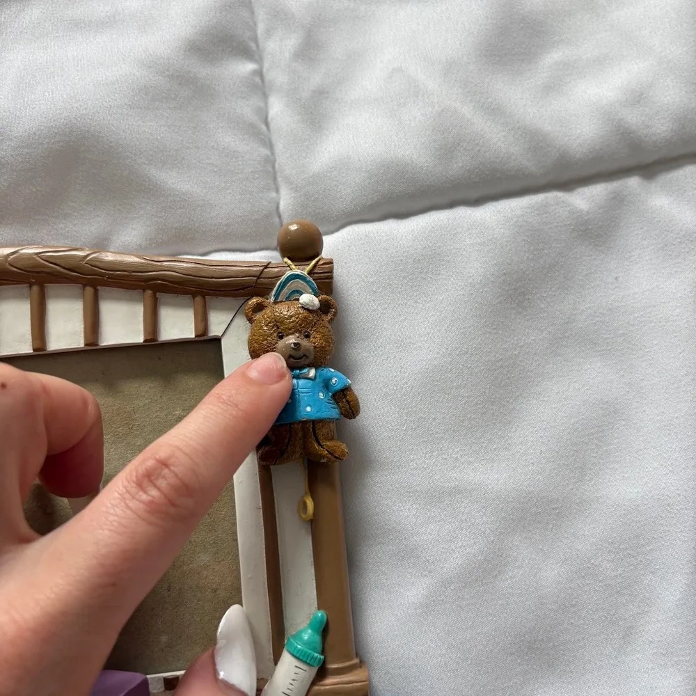 Vintage 90s Teddy Bear Baby Crib 3D Picture Frame Blue Brown Nursery